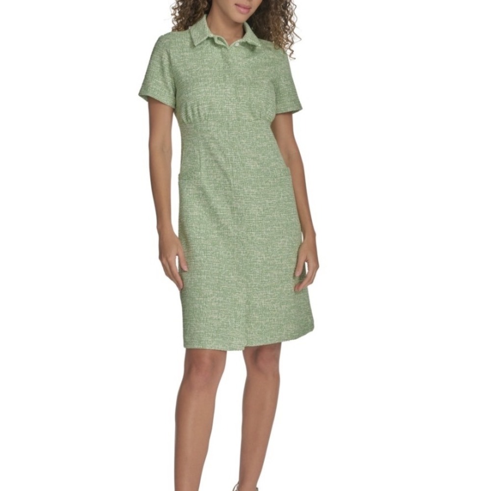 Calvin Klein Tweed Dress Womens 14 New Short Sleeve Green Collared MSRP $134